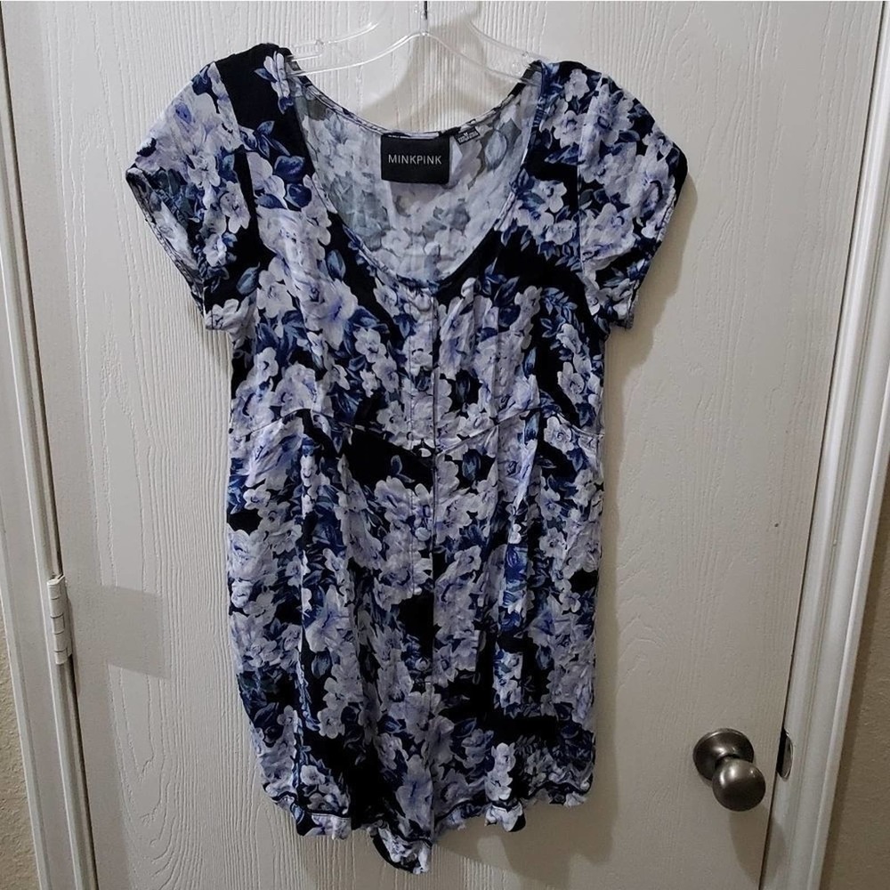 MINKPINK blue floral romper with pockets size medium